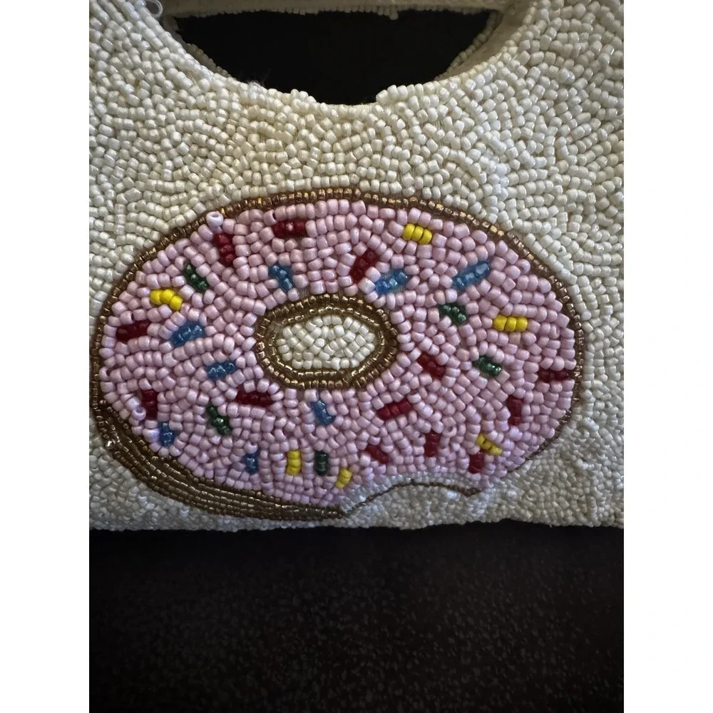 Rachel Zoe Beaded Donut Clutch‎ Cream Gold Chain Crossbody Novelty Bag NEW